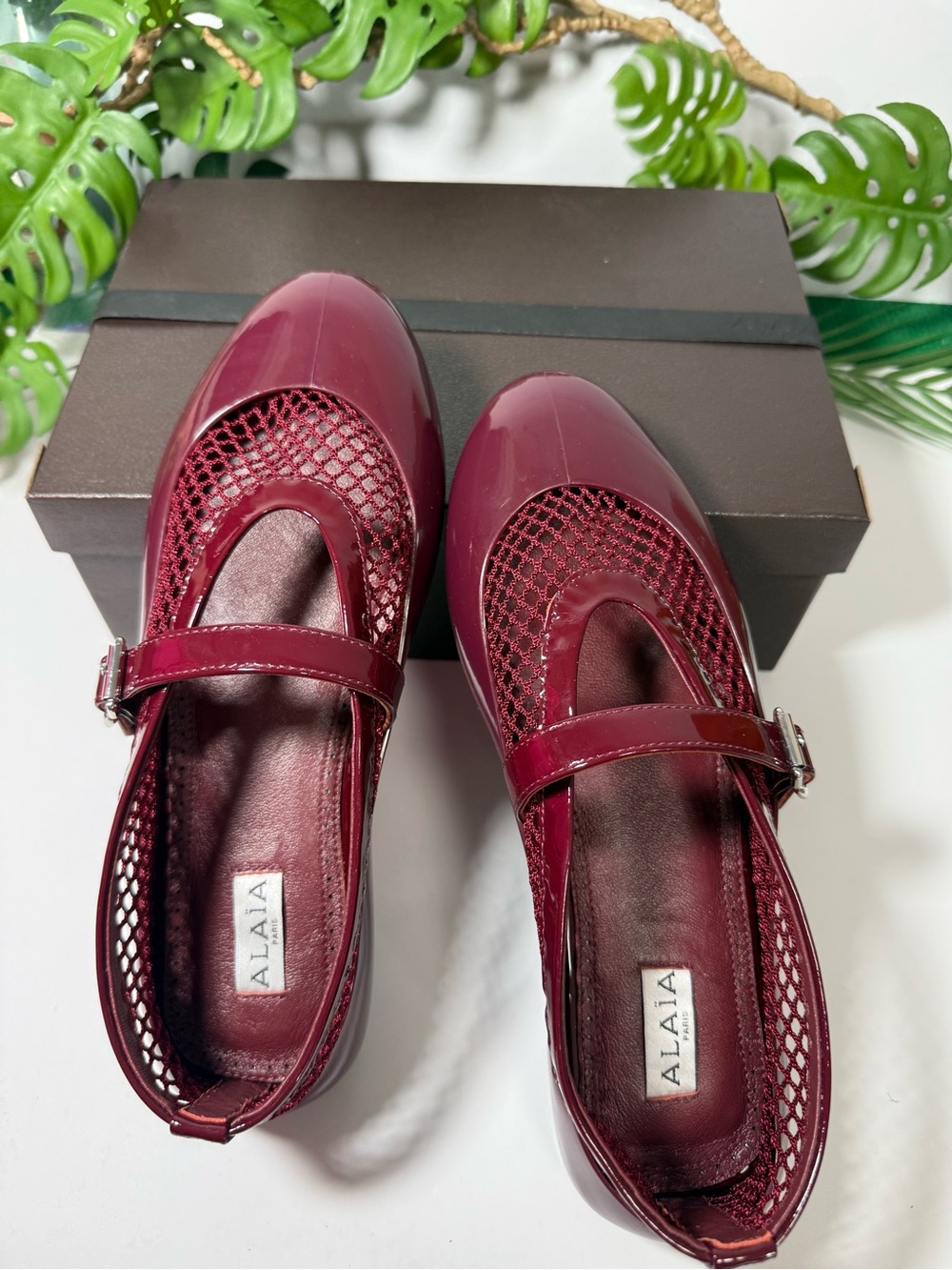 Alaïa Burgundy Patent Mary Jane Flats with Mesh